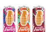 Three brightly coloured Grenade Energy drinks cans in fruity flavours