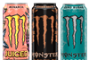 500ml cans of Monster Mule, Monster Ultra Fiesta and Monster Juiced Monarch energy drinks.