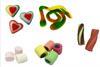 Selection of sweets including pink gummy hearts and snakes, marshmallows and liquorice