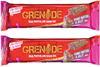 Grenade chocolate-coated protein bar with pink and red packaging
