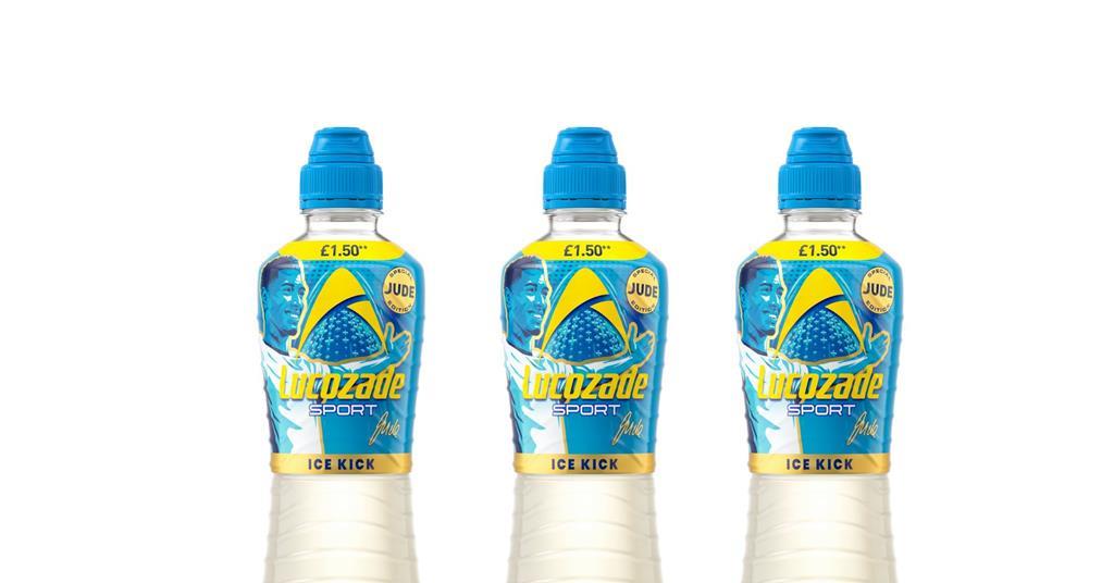 Lucozade Sport X Jude Bellingham England Football Sport-Trinkflasche 1 Liter – Auslaufsicher, Mit Messstreifen, Gelb & Blau