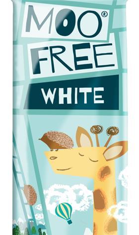A dairy free white chocolate bar with giraffe illustration.