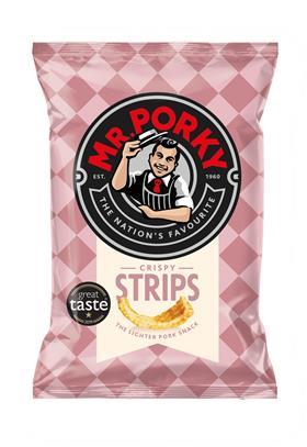 A pink packet of Mr Porky Crispy Strips