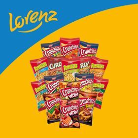 A selection of crisp packs from Lorenz on a blue and yellow background