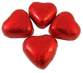 Red foil-wrapped heart chocolates for Valentine's Day