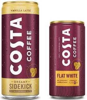 Burgandy cans of Vanilla Latte and Flat White Costa Coffee