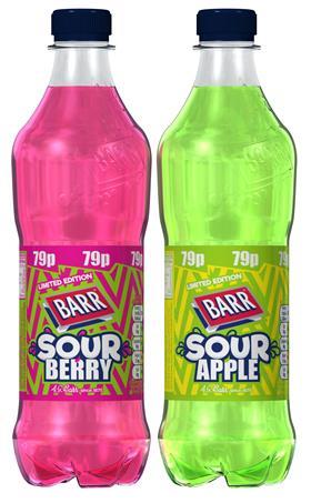 Barr Sours carbonated drinks in pink Berry and green Apple flavours