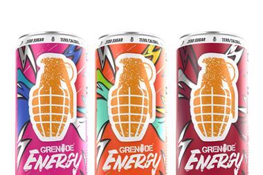 Three brightly coloured Grenade Energy drinks cans in fruity flavours