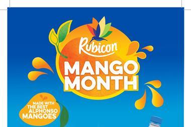 Rubicon Mango carton and bottles on a blue background