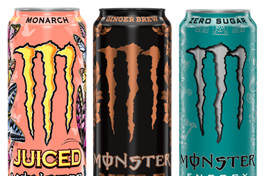 500ml cans of Monster Mule, Monster Ultra Fiesta and Monster Juiced Monarch energy drinks.