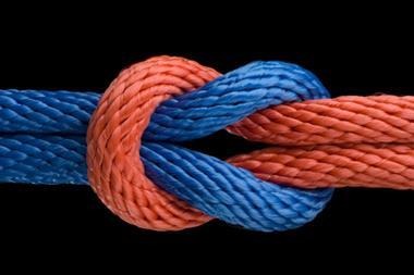 Red and blue ropes tied in a reef knot supporting each other