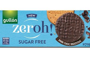 A blue 270g packet of sugar free Zeroh Dark Choc Digestives.
