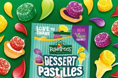 A sharing bag of Rowntrees Dessert Pastilles on a bright green fruit themed background.