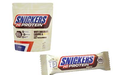 Snickers Hi Protein white chocolate bar and whey protein powder