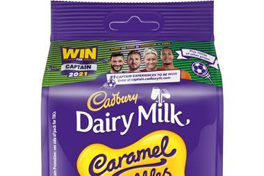 Cadbury Caramel Nibbles sharing bag featuring Win the Captain football promo