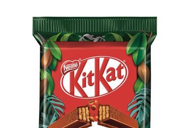 A vegan KitKat with green plants on its packaging