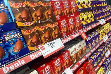 Rolo, Kit Kat and Cadbury shell eggs on shop shelf on a multibuy promotion
