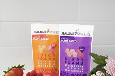 Plant-based Berry Foams in a purple bag and Juicy Foams in an orange pack.