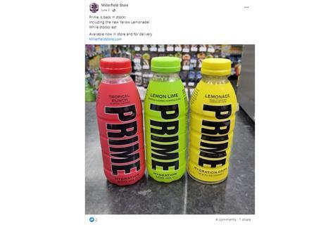 Red, green and yellow bottles of Prime Hydration drink