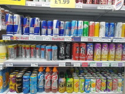 Flavoured energy drinks on shelf