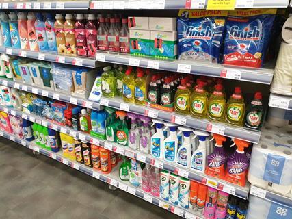 Household cleaning products on shelf at Scotmid Stockbridge