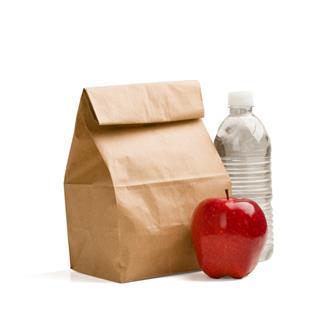 Packed lunch in a brown paper back alongside an apple and a bottle of water
