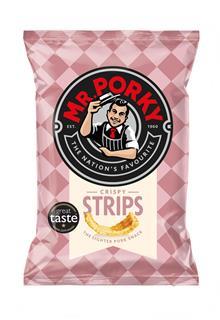 A pink packet of Mr Porky Crispy Strips