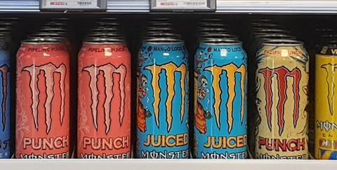 Monster Pipeline Punch, Pacific Punch and Mango Loco cans on shelf