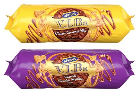 Yellow and purple packs of McVitie's V.I.Bs luxury biscuits
