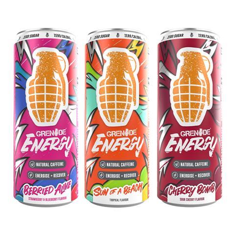 Three brightly coloured Grenade Energy drinks cans in fruity flavours