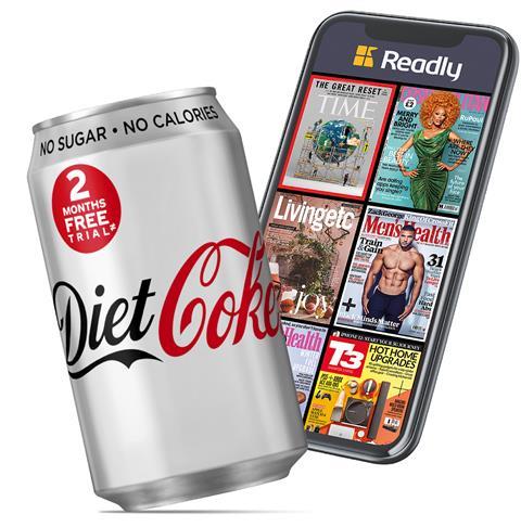 A can of Diet Coke and a mobile phone showing the Readly digital subscription app.