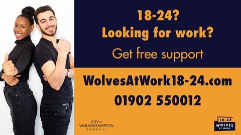 Young people stood back to back alongside the Wolves at Work contact details