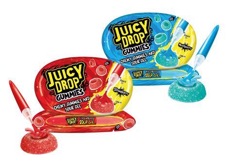 Red and blue packs of Juicy Drop Gummies sweets