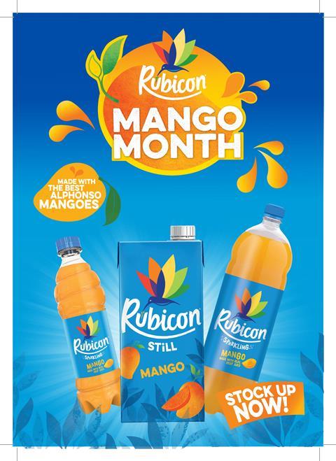 Rubicon Mango carton and bottles on a blue background