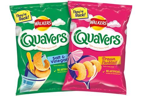 Two large bags of Quavers - a green salt & vinegar one and a pink prawn cocktail one.