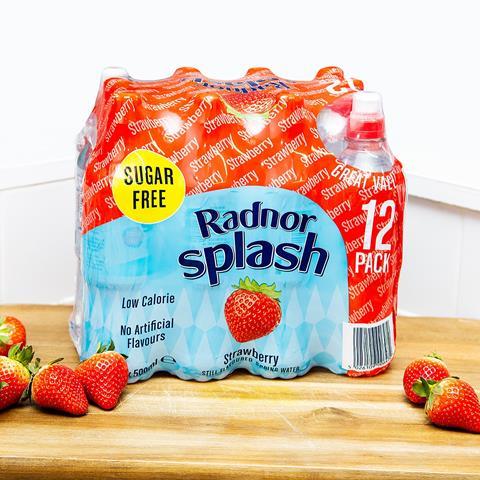 A red 12 pack of Radnor Splash flavoured water