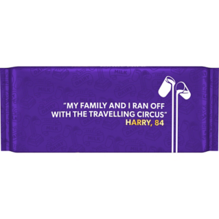 Purple Cadbury Dairy Milk bar with branding replaced by a quote from an old person
