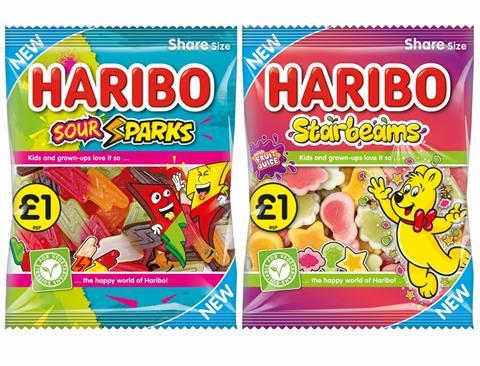 Packs of vegetarian Haribo Starbeams and Sour Sparks jelly sweets