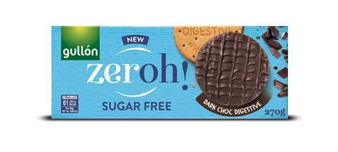 A blue 270g packet of sugar free Zeroh Dark Choc Digestives.