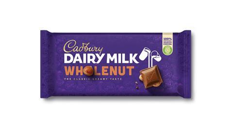 Cadbury Dairy Milk Wholenut chocolate tablet featuring new pack signage