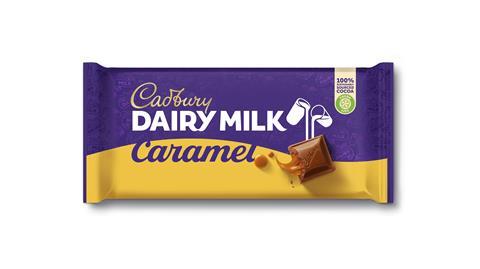 Cadbury Dairy Milk Caramel chocolate tablet featuring new fonts