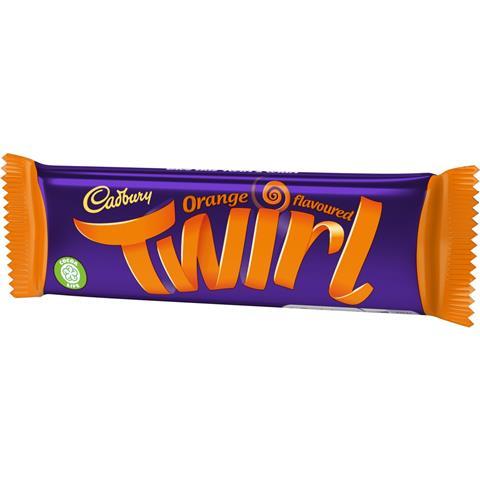 A purple and orange Cadbury Twirl Orange chocolate bar