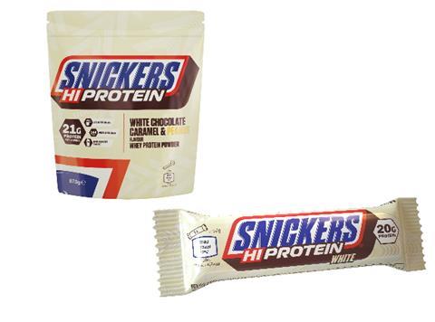 Snickers Hi Protein white chocolate bar and whey protein powder