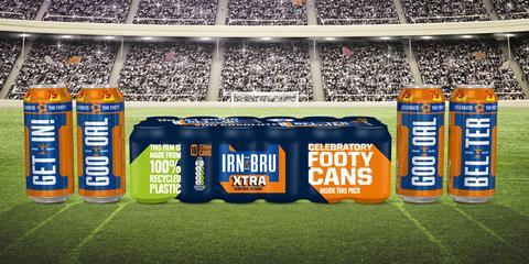 Cans of Irn-Bru with football themed packaging with football pitch-themed background