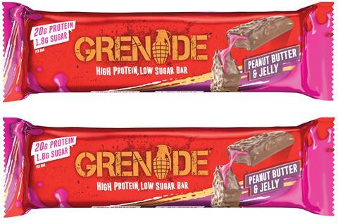 Grenade chocolate-coated protein bar with pink and red packaging