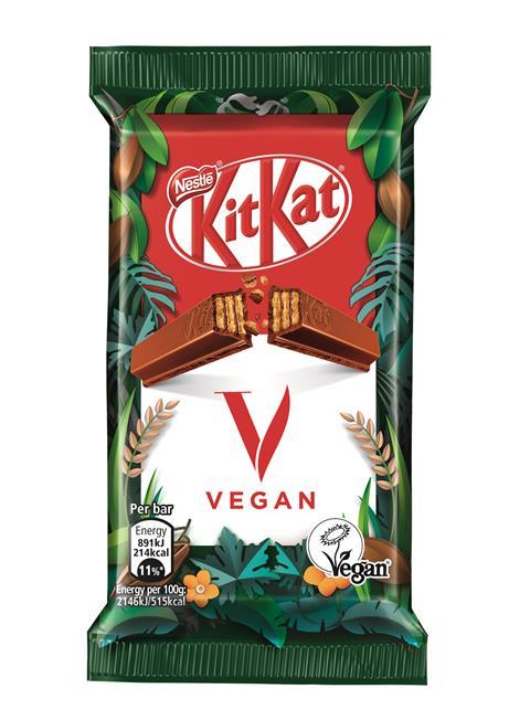 A vegan KitKat with green plants on its packaging