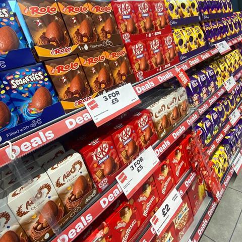 Rolo, Kit Kat and Cadbury shell eggs on shop shelf on a multibuy promotion