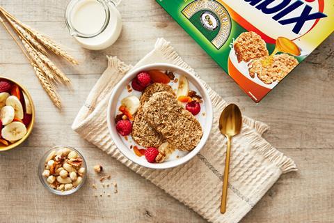 Weetabix Golden Syrup in cereal bowl with milk and fruit