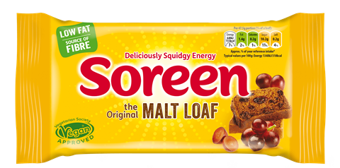 Bright yellow Soreen Malt Loaf pack featuring vegan logo.