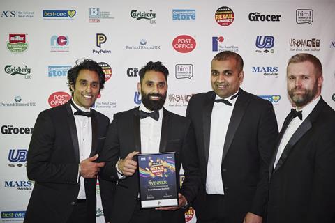 L-r: store owners Vrinder, Baljeet and Mandeep Singh with PayPoint marketing director Steve O'Neill